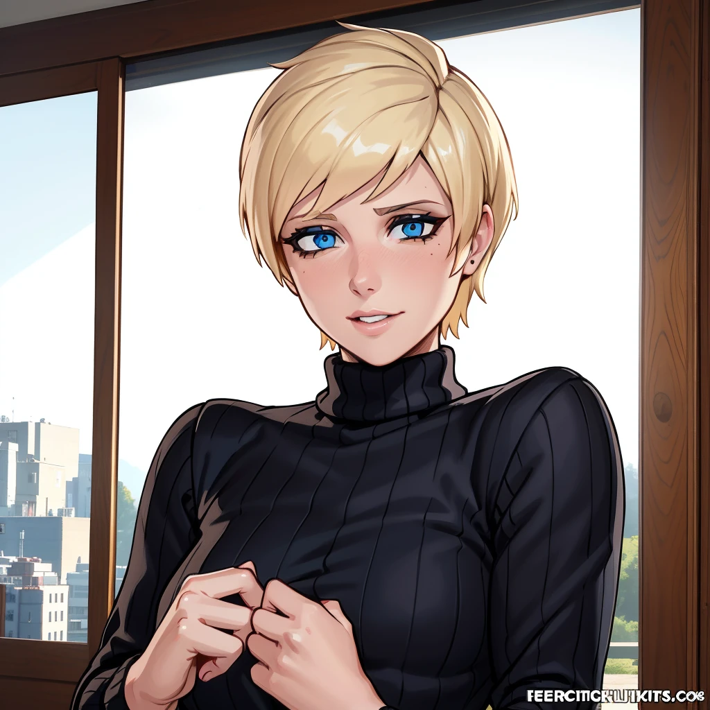 Best_QualityPos, RAW photo, intricate details, best quality, 8k uhd, soft lighting, 1girl, solo, makenna, short hair, blonde hair, blue eyes, black turtleneck sweater <lora:Makenna_Blue:0.7>