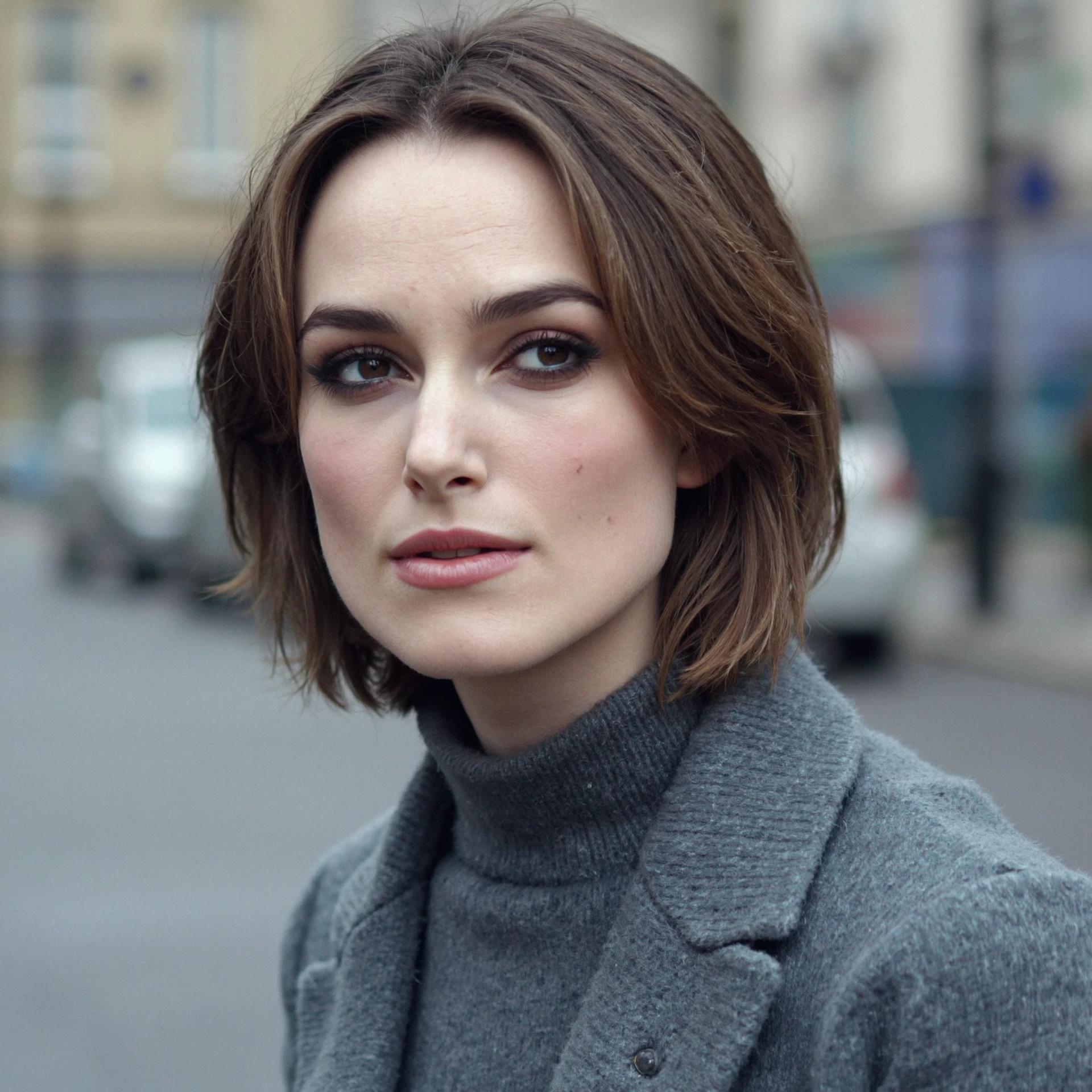 keira knightley is depicted in a close-up portrait outdoors on an overcast day, wearing a grey turtleneck sweater that contrasts beautifully with the soft, diffused light. The background shows a city street, blurred just enough to keep the focus on her while adding depth and context. Her expression is relaxed, with a thoughtful gaze as she looks slightly off-camera. The cool tones and subtle lighting create a moody yet elegant vibe <lora:keira_knightley_r8_1600_flux_lora_v1_000002600:1>