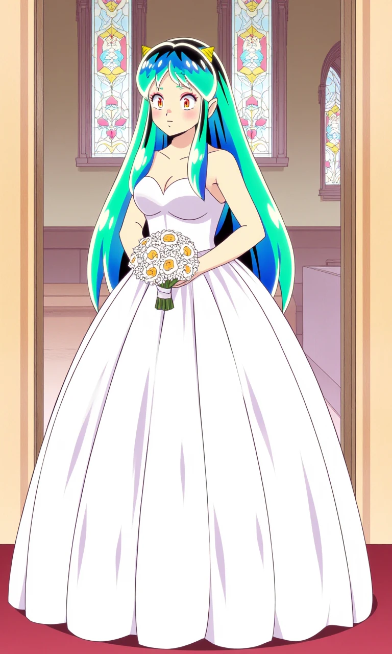 solo, lum_flux, lum, long hair, green hair, aqua hair, multicolored hair, cone horns, wedding dress, bouquet of flowers, smile, blush, standing, upper body, cleavage, large breasts, indoors, church, stained glass, looking at viewer