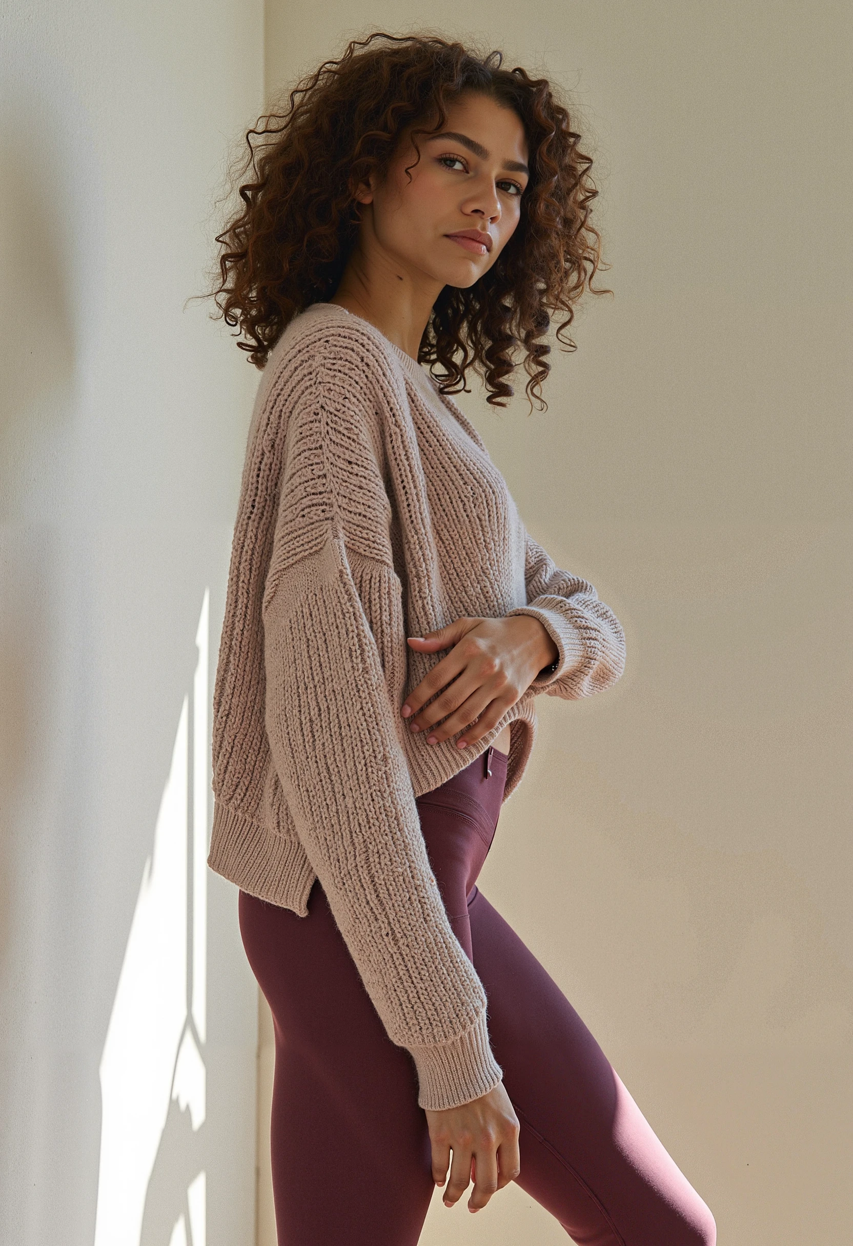 zendaya wearing a sweater and yoga pants
