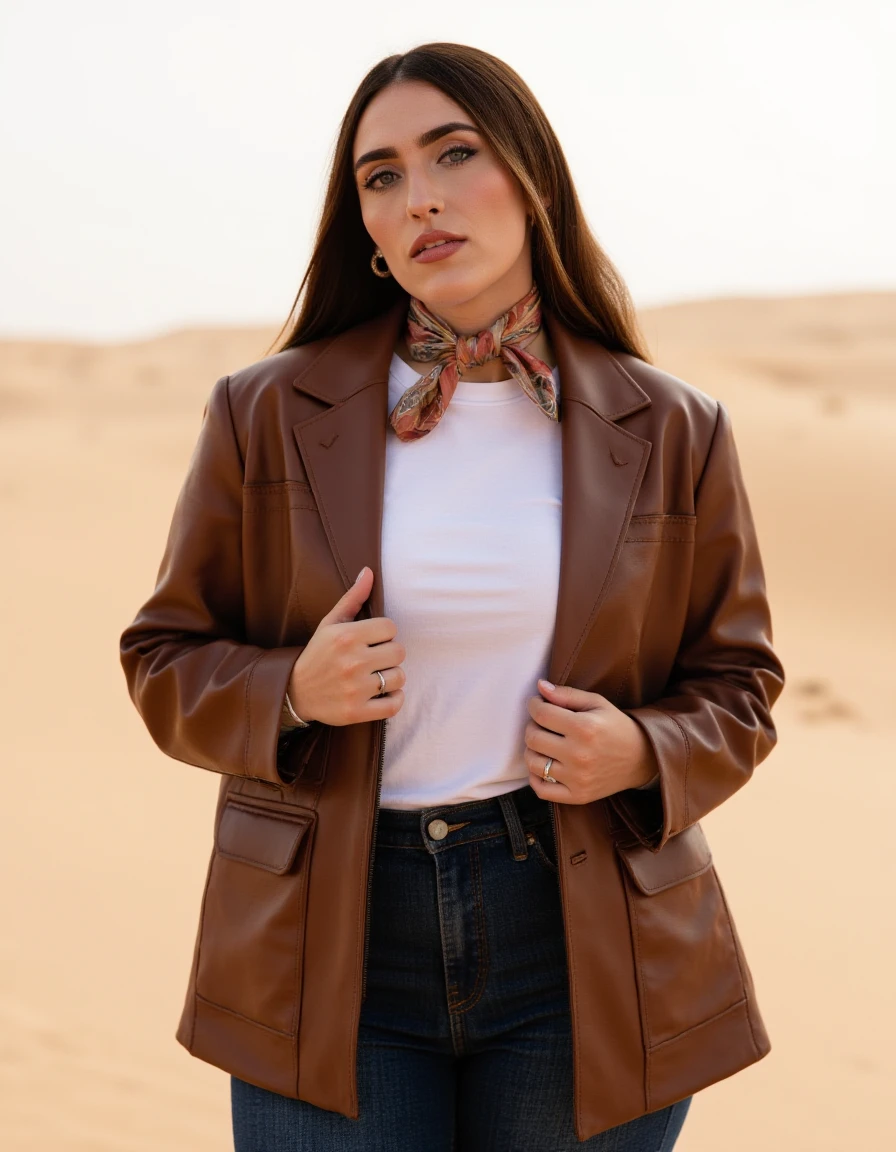 <lora:Mars:1>
a photo of MaraSattei woman in a desert.
She is wearing a western outfit: a brown leather jacket with borks, dark blue denin jeans and a plain white t-shirt.
A silk scarf is wrepped around her neck.
Perfect hands.