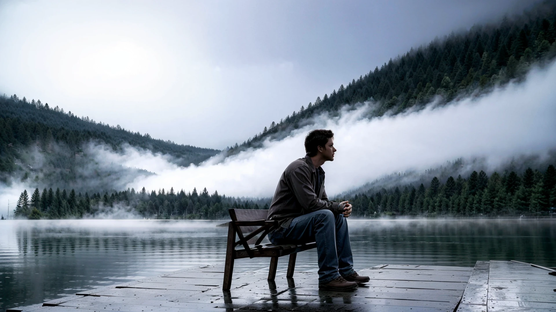 1boy,solo,black hair,denim,pants,triped shirt,jeans,shoes,sitting,bench,outdoors,nature,floating bridge,lake,tree,sky,overcast sky,(fog:1.3),(retro style),(high contrast:1.5),gloomy,(dark tones:1.5),(from below),(realistic),Highly detailed,(ultra-detailed),(8k,best quality,huge filesize,masterpiece:1.5),