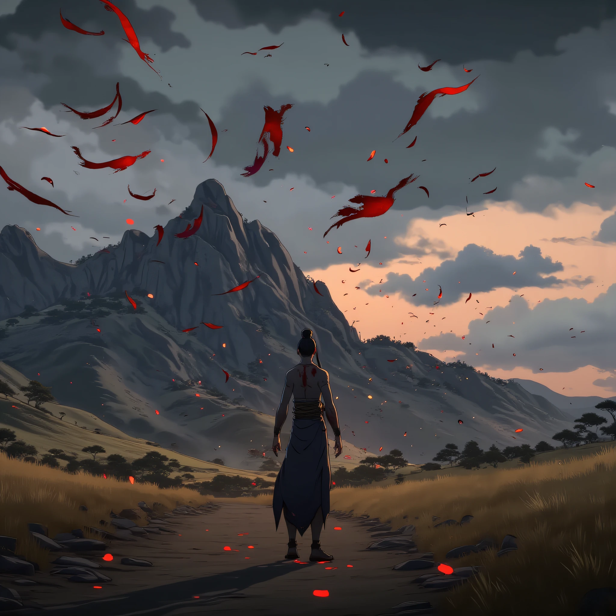 EdoEraAnime, A mysterious figure standing in an open landscape, surrounded by swirling winds and distant mountains, with dramatic lighting and intricate details