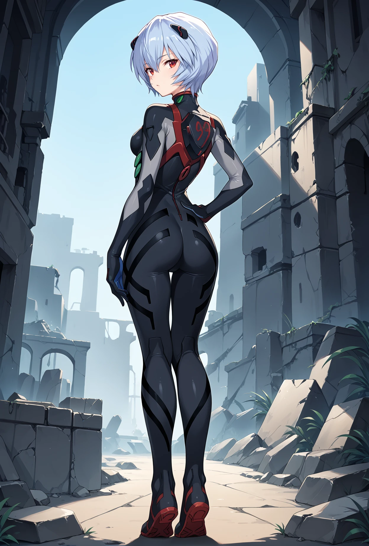 score_9, score_8_up, score_7_up, score_6_up, score_5_up, score_4_up,
ayanami rei, blue hair,red eyes,full body,
evasuit09,plugsuit, black bodysuit,
ruins,standing,hand on own hip, arm at side,from behind, <lora:Evasuit09XLPony:1>