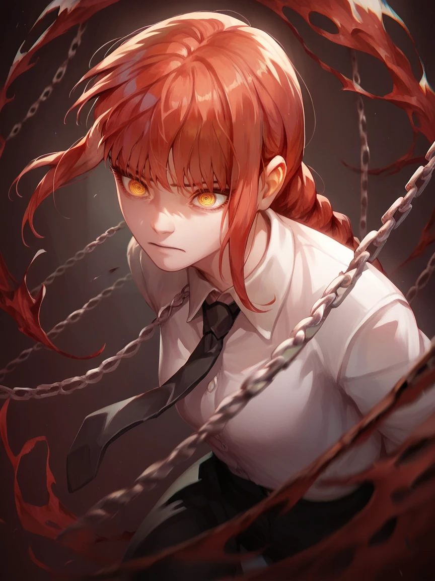 score_9, score_8_up, score_7_up, score_6_up, score_5_up,    <lora:makimaXLP:1> makima, 1girl, yellow eyes, red hair, braided ponytail, ringed eyes, white collared shirt, black necktie, chain,