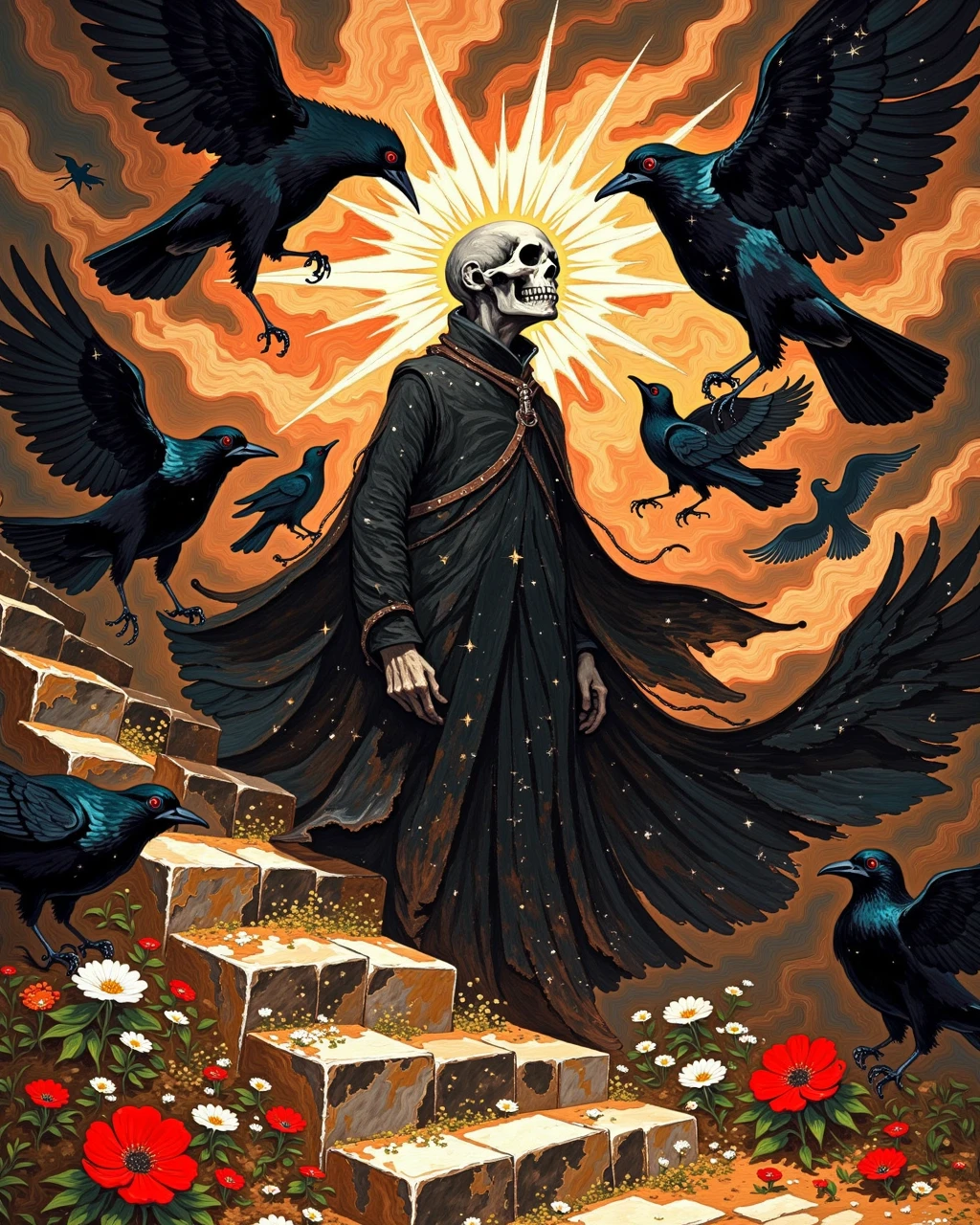 DB4RZ style painting, A person with a skeletal face and radiant halo standing on stone steps, surrounded by dark birds and swirling earthy hues, red and white flowers scattered across the ground