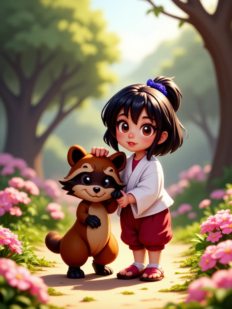 <lora:Pocky_and_Rocky_-_SNES_-_Characters:0.9>PockySNES_and_RockySNES, 1girl, 1raccoon_dog, black hair, brown fur, white robe, baggy red pants, sandals, feet, socks, Standing side by side in a peaceful, sunlit clearing, both looking directly at the viewer with warm, welcoming smiles. PockySNES holds her gohei at her side, her other hand gently resting on RockySNES's head as he grins playfully, one paw raised in a friendly wave. The background is filled with blooming flowers and softly swaying trees, capturing the serene and joyful bond between the two companions, Idyllic, highly detailed, volumetric, dramatic lighting, professional 3d model, cinematic lighting, fine character details, <lora:Flux 1D - Nectarine Nymphs V1 - Epoch 5:1.0> big eyes, 1girl, pinup, female focus, peaceful, happy, pleasant, harmonious, picturesque, charming,