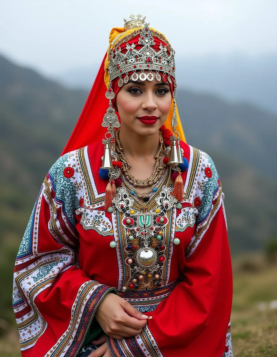 A woman in traditional outfit, Portrait, medium shot of a "Ain't no mountain high enough.", at Overcast, Letterism, 50mm, Pastel Colors, lots of details, womanly, classic, <lora:Tasfift_Flux-000004:1>, flowing, set logical ambient background, epic atmosphere, intricate detail, rich vivid colors, extremely stylish, shiny, beautiful detailed