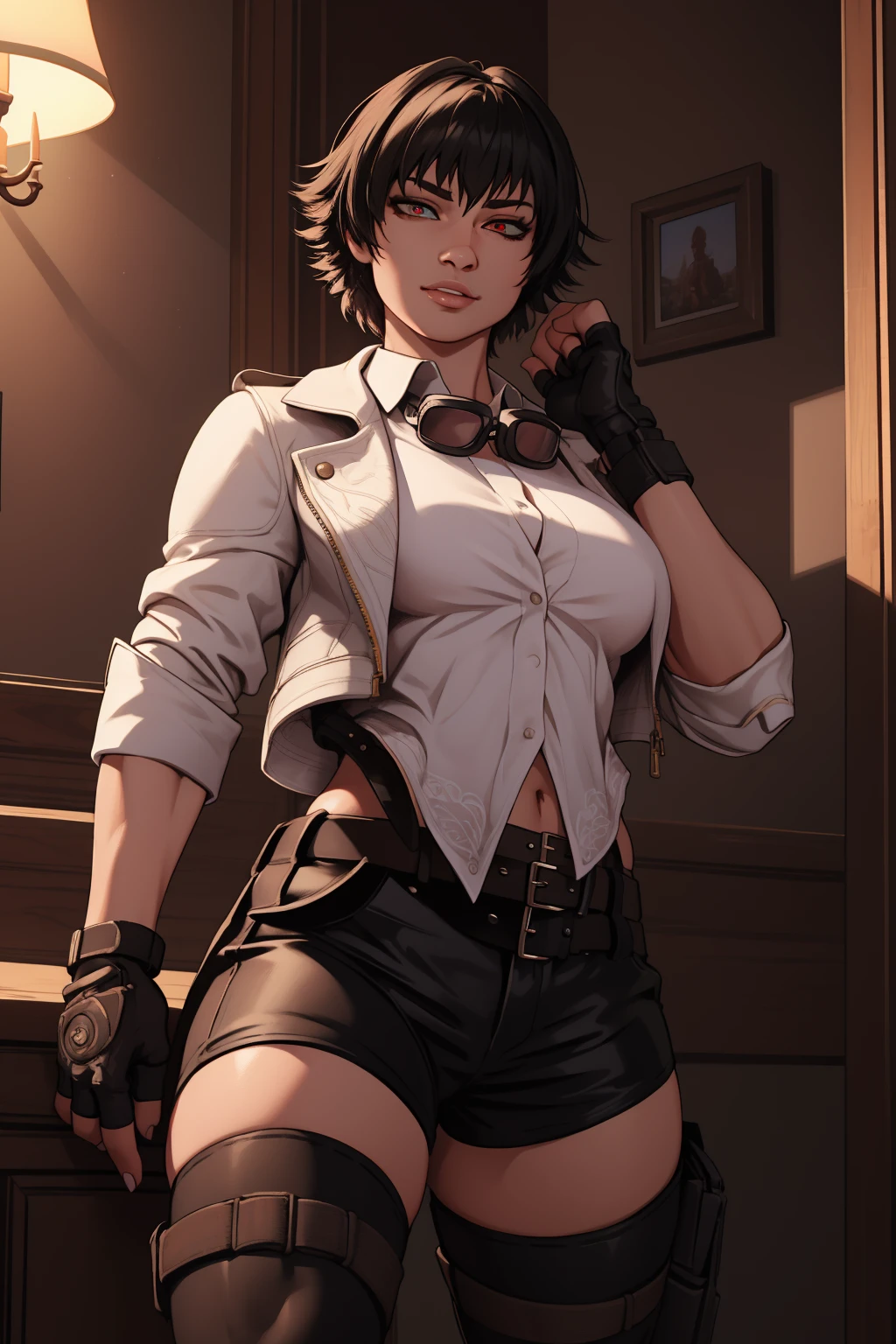 Best_QualityPos, RAW photo, intricate details, best quality, 8k uhd, soft lighting, 1girl, solo, dmc_lady, short hair, black hair, bangs, heterochromia, red eyes, green eyes, goggles, goggles around neck, white shirt, white jacket, long sleeves, sleeves rolled up, gloves, fingerless gloves, black shorts, belt, holster, thighhighs, thigh holster <lora:DMC_Lady:0.6>