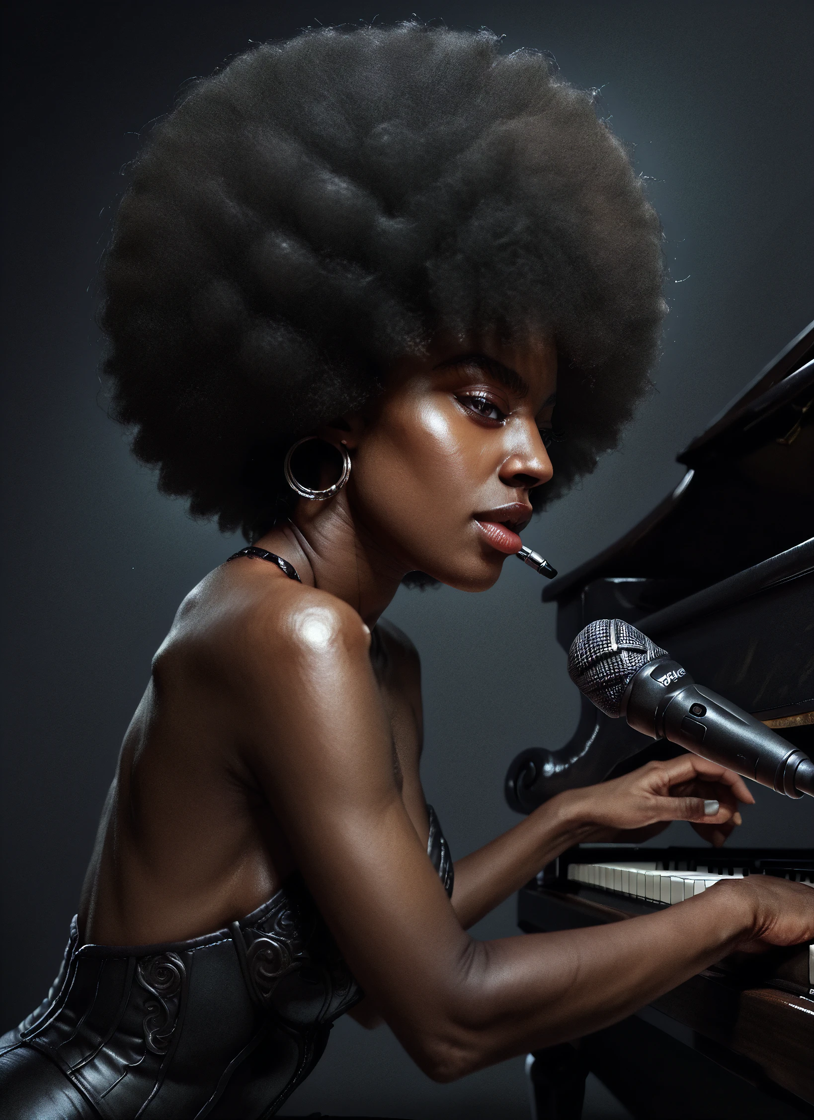 1 black woman, portrait, dark skin woman, black woman, large round afro, sexy, seductive, thick woman, dynamic angle, dramatic lighting, cinematic, sitting behind a piano at a modern nightclub, microphone, mouth open singing and playing piano, liquer bottles, mirror,, side view, supermodel face, concept art, realistic, dark theme, low light, extremely detailed background<lora:detailed_notrigger> <lora:Pony_DetailV1.0> <lora:PonyLargeRoundAfro> <lora:Black_Woman_v3_e6>