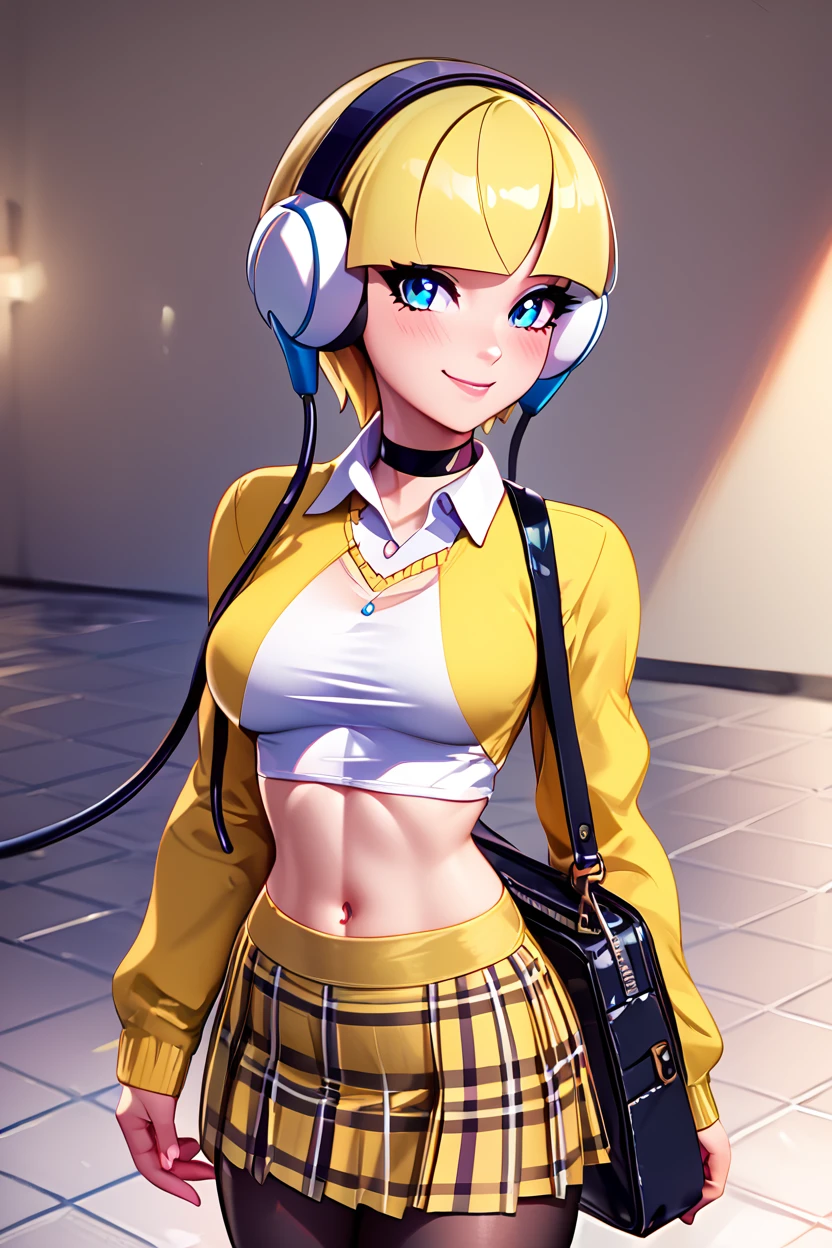 score_9, score_8_up, score_8, medium breasts, (curvy), cute, eyelashes,       BREAK, , aaElesa, blonde hair, short hair, blunt bangs,  bare arms, black pantyhose, headphones, cables, choker, black and yellow dress, short dress, clothing cutout, navel cutout,  <lora:ElesaPokemonPDXL:0.8>,, BREAK, closed mouth, alternate costume, smile, looking at viewer, collared shirt, blush, sweater, black skirt, eyelashes, long sleeves, sleeves past wrists, plaid skirt, shoulder bag, black bag, blurry, tile floor, pleated skirt, white shirt, cowboy shot,  embedding:zPDXL, Expressiveh,  <lora:Vivid:0.7>,  <lora:Uncensored_PonyXL_cpt_v02.09:0.4>,  <lora:Expressive_H-000001:0.4>,