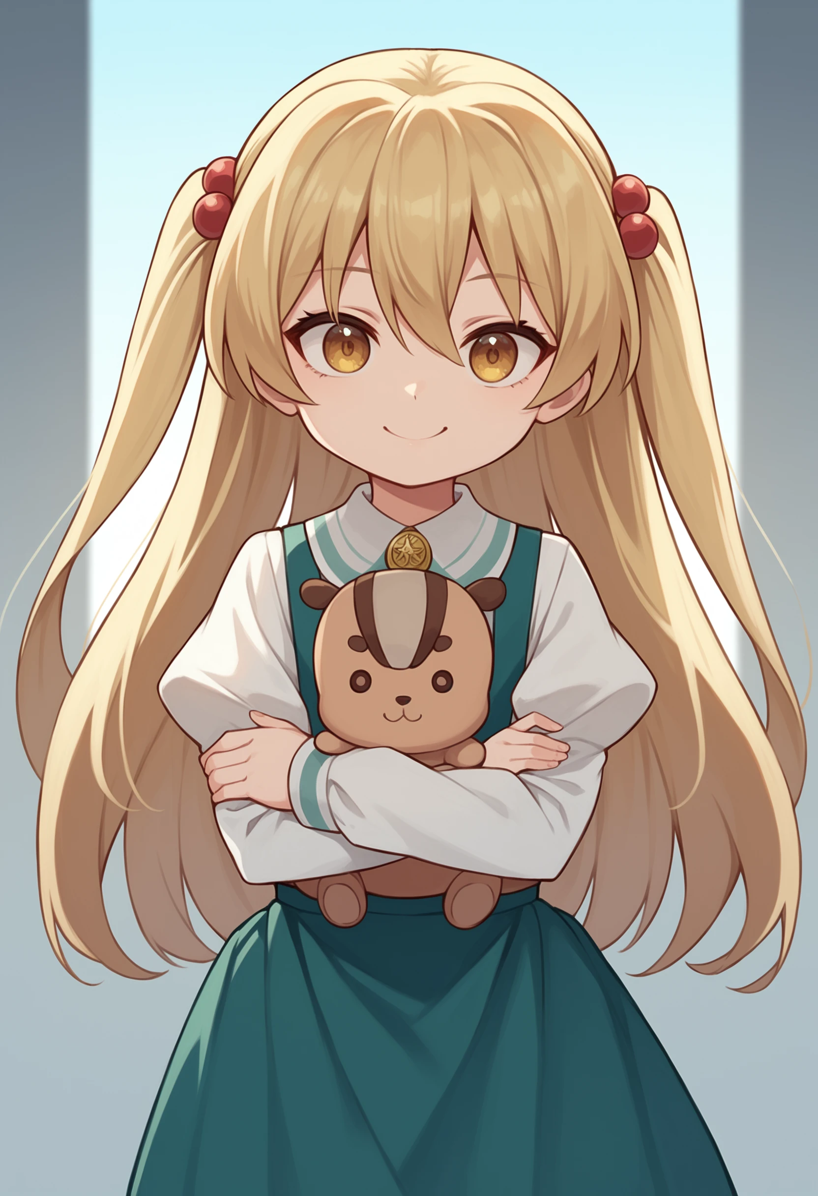 zPDXL2, score_9, score_8_up, score_7_up, blue sky
1girl, solo, <lora:HimekiPONY:1>, Himeki, *****, blond hair, long hair, twin tail, golden eyes
school uniform, collared shirt, neck ribbon, gold brooch, suspender, green skirt, long sleeves, puffy sleeves, frills,
crossed arms, holding, doll, upper body, smile