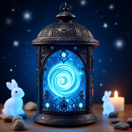 An lantern with intricate patterns and blue glowing light emanating from within, set against a starry night sky, surrounded by small rocks, two miniature glowing white rabbits, and a lit candle.