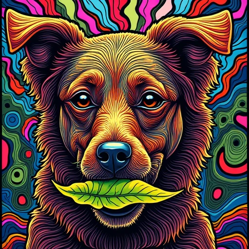 dog eat a leaf, psychedelic style, trippy