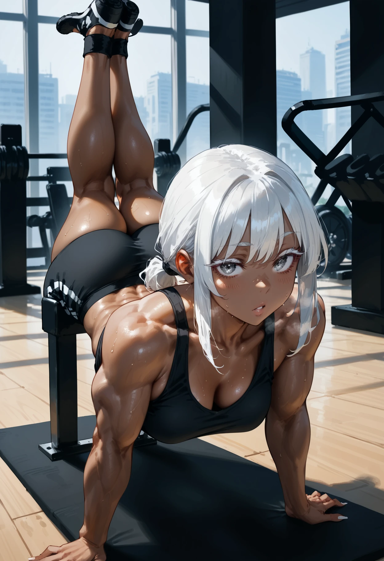 score_9, score_8_up, score_7_up,score_6_up, score_5_up, score_4_up,  colored eyelashes, 1girl, abs, arms behind back, black shirt, black tank top, dark-skinned female, dark skin, exercising, fingernails, grey eyes, handstand, long bangs, parted lips, shadow, shirt, solo, sweat, tank top, toned, toned female, white hair