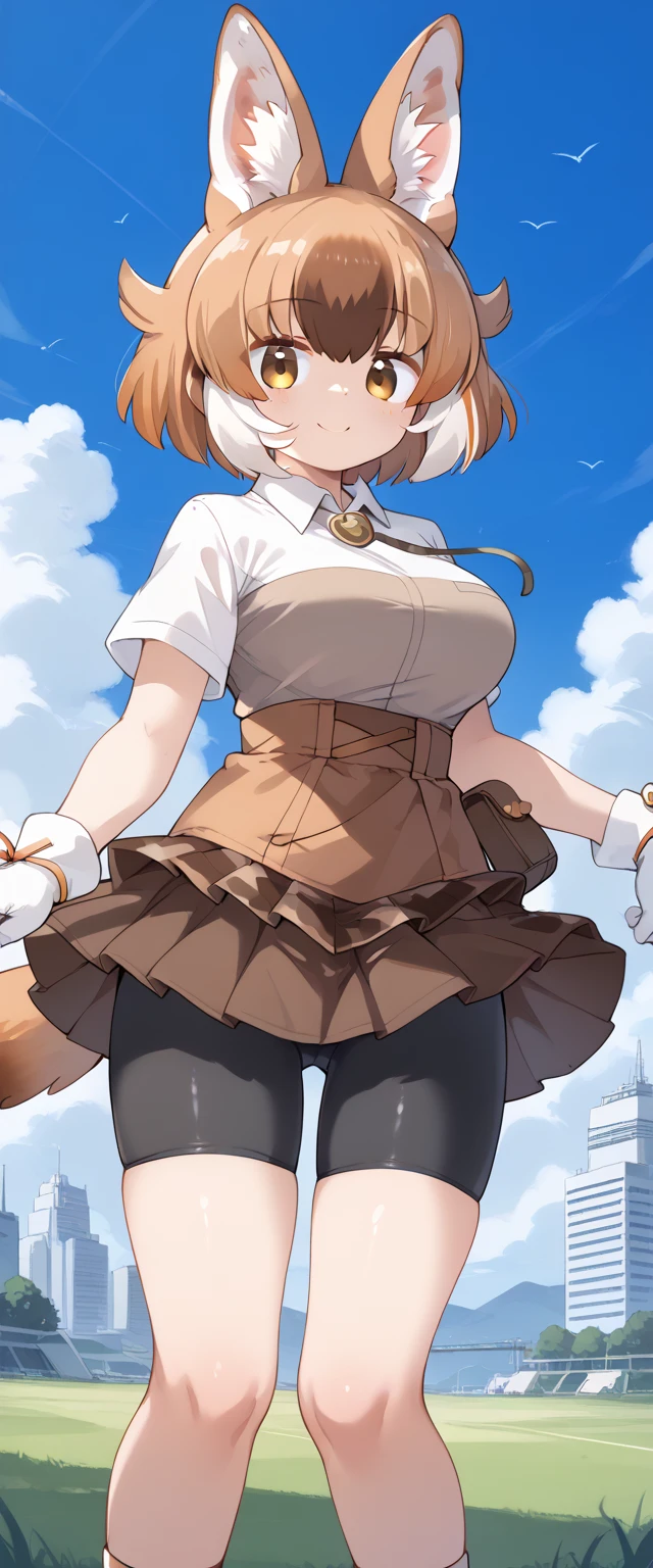 score_9, score_8_up, score_7_up, score_6_up, source_anime, rating_explicit BREAK 1girl, solo, <lora:dhole_kf_pony_v1:1>, dhole \(kemono friends\), animal ears, animal ear fluff, dog ears, extra ears, dog tail, tail, multicolored hair, light brown hair, orange hair, white hair, bang, bangs, hair between eyes, brown eyes, orange eyes, large breasts, dhole2nd, (((((multicolored clothes, multicolored skirt, two-tone shirt))))), collared shirt, brown shirt, white shirt, bolo tie, short sleeves, skirt, high-waist skirt, brown skirt, pleated skirt, frilled skirt, pouch, shorts, short shorts, bike shorts, black shorts, bike shorts under skirt, bare legs, gloves, white gloves, hat on back, unworn headwear, shoes, white footwear, standing, blush, smile, looking at viewer, grasslands, blue sky, cloud,