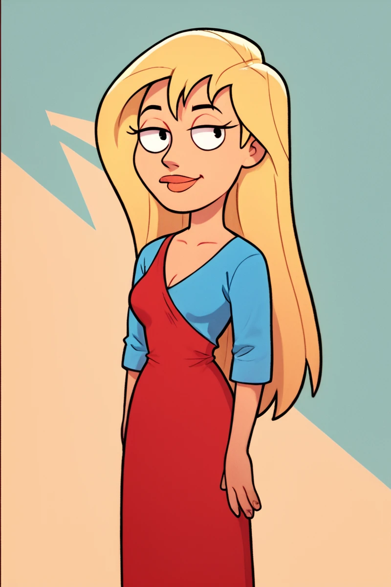 score_9, score_8_up, score_7_up, source_cartoon,
JillianRussell, 1girl, blonde hair, long hair, blue shirt, red dress,
elegant, abstract background, masterpiece, best quality,
<lora:JillianRussell_PonyXL:0.6>