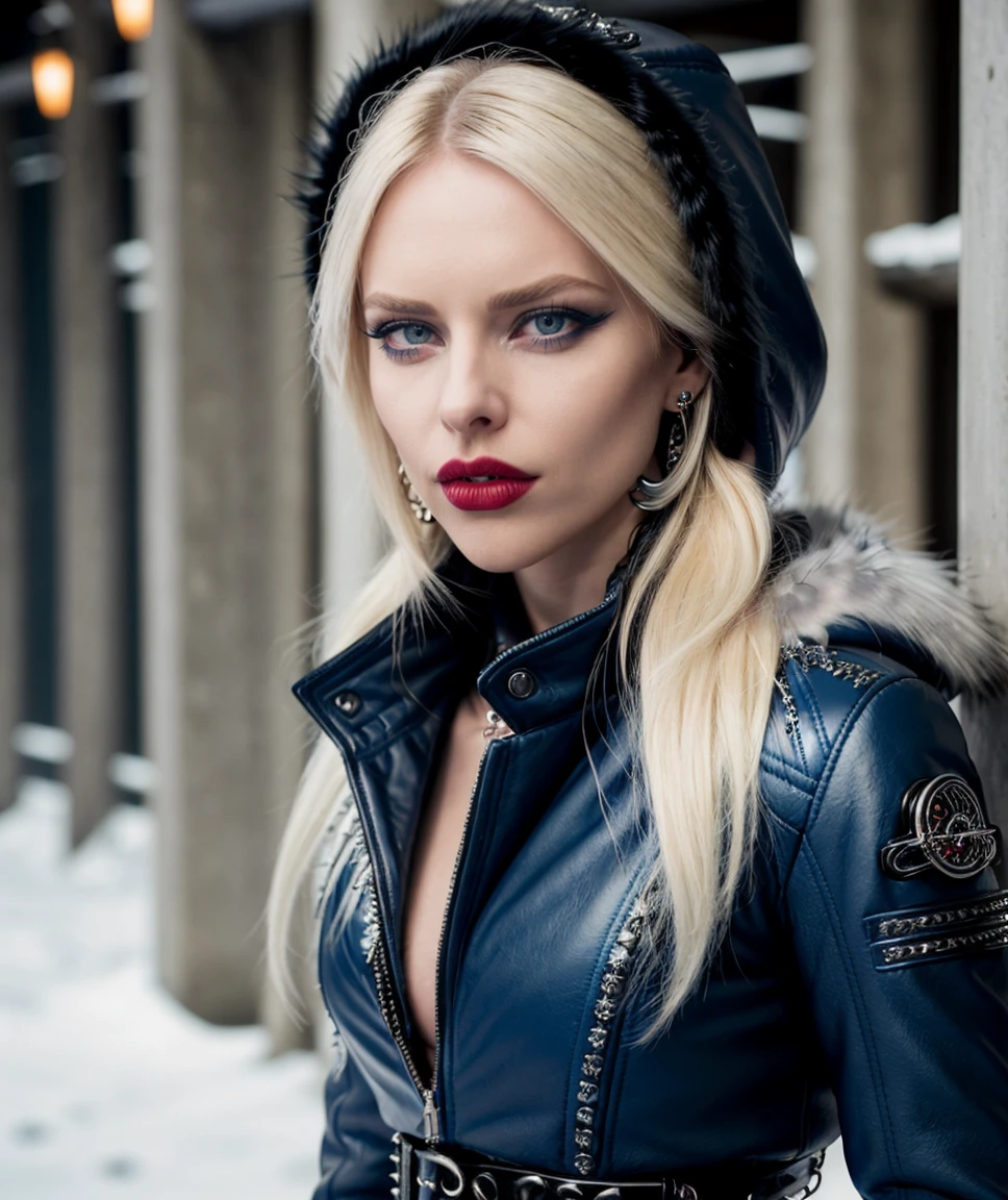 cinematic photo <lora:quiron_lauraGuldemond_v030430_Lora:0.77> lauraguldemondquiron, 1girl, solo, blonde hair, long hair, realistic, jewelry, looking at viewer, earrings, blue eyes, tattoo, lips, lipstick, , , Moncler puffer jacket with a fur-trimmed hood and belt, , . 35mm photograph, film, bokeh, professional, 4k, highly detailed