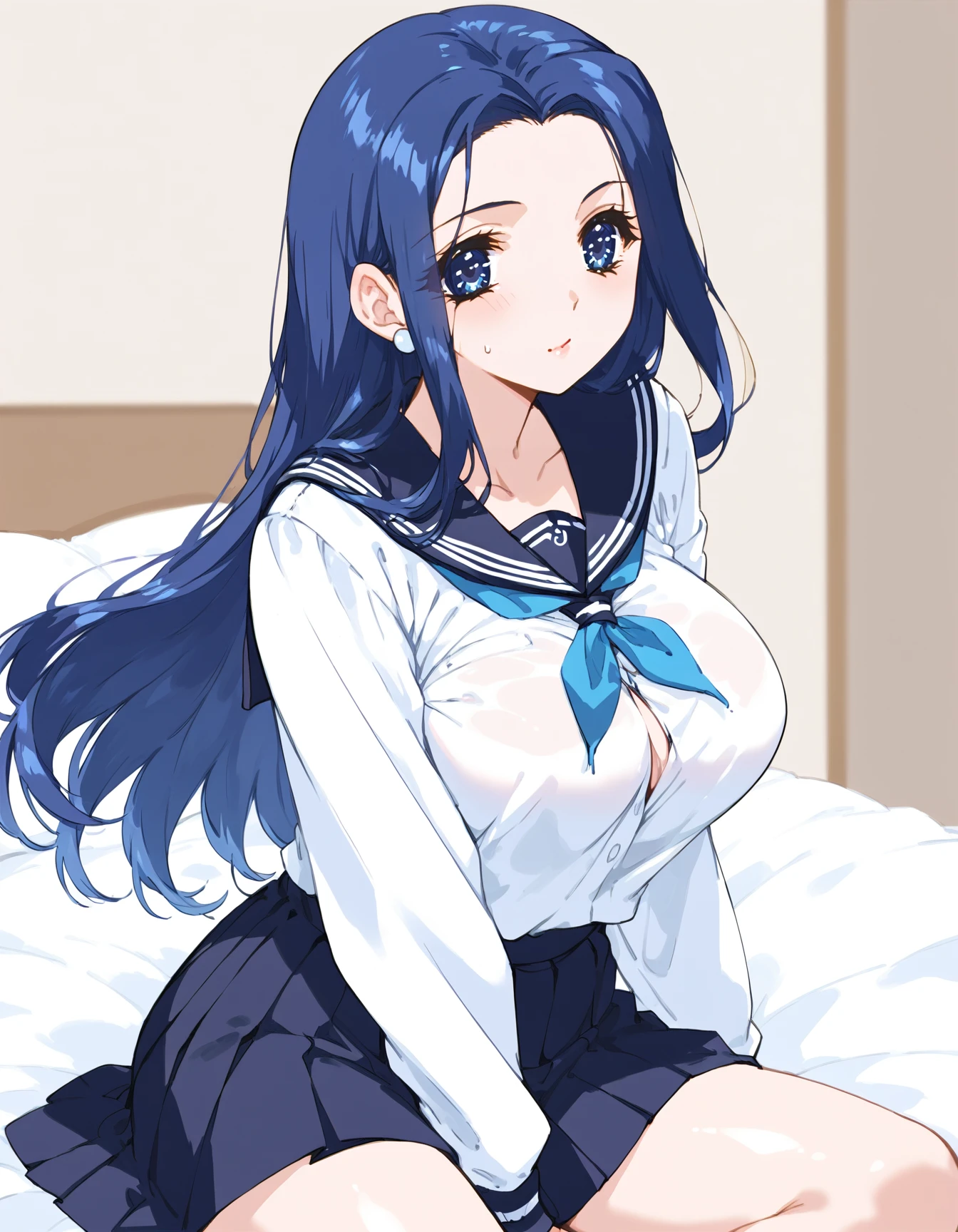 <lora:ryoko_oy-000023:0.7>, ryoko_oy, blue hair, long hair, sidelocks, blue eyes, large breasts, (public hair, censored, blush lines:-2), skirt, school uniform, serafuku, long sleeves, black skirt, pleated skirt, score_9, score_8_up, score_7_up, masterpiece, best quality, source_anime, uncensored,