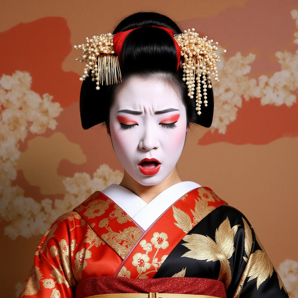 orgasmface,Beautiful colored portrait of a traditional Japanese geisha with a smooth, porcelain-white face, accentuated by delicate red and black makeup around the eyes and small, red lips in a precise, stylized shape. She wears an elaborate Shimada hairstyle, with her black hair elegantly pulled back into a high bun, adorned with ornate Kanzashi hairpins and combs made of tortoiseshell and silk. Her attire is a vibrant, intricately patterned silk kimono, featuring rich colors like deep red, gold, and black, with a wide obi belt tied in an elaborate knot at the back. The kimono sleeves are long and flowing, especially if she is a younger geisha, or 'Maiko.' She is wearing traditional white tabi socks and raised wooden geta sandals. The overall appearance is refined, with every detail carefully chosen to reflect the grace and beauty of a traditional geisha. vivid colors, high contrast, dynamic, masterpiece, high quality, highly detailed, highly intricate, colored background, flowers, summer dress