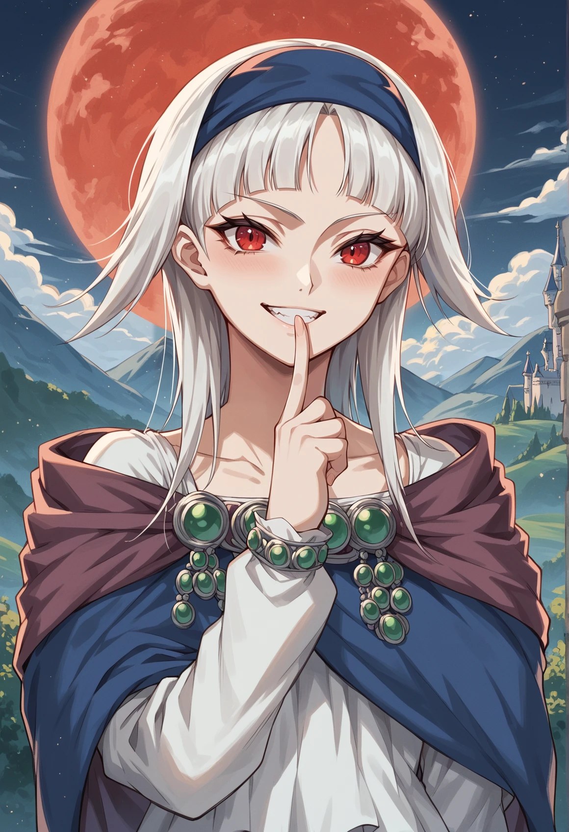 1girl, medium hair, white hair, red eyes, hairband, jewelry, white shirt, cape, skirt, outdoors, mountain, castle, red moon, evil smile, finger to mouth, mesugaki, from side, looking at viewer, upper body  <lora:Sierra_Mikain_V3:1>, score_9, score_8_up, score_7_up, score_6_up, score_5_up, score_4_up, BREAK source_anime, masterpiece