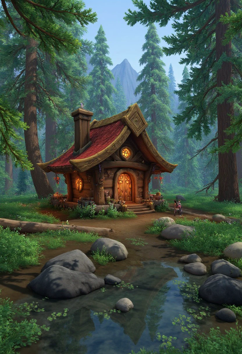 A cozy cabin nestled in the woods by a sparkling river on a sunny day, world of warcraft