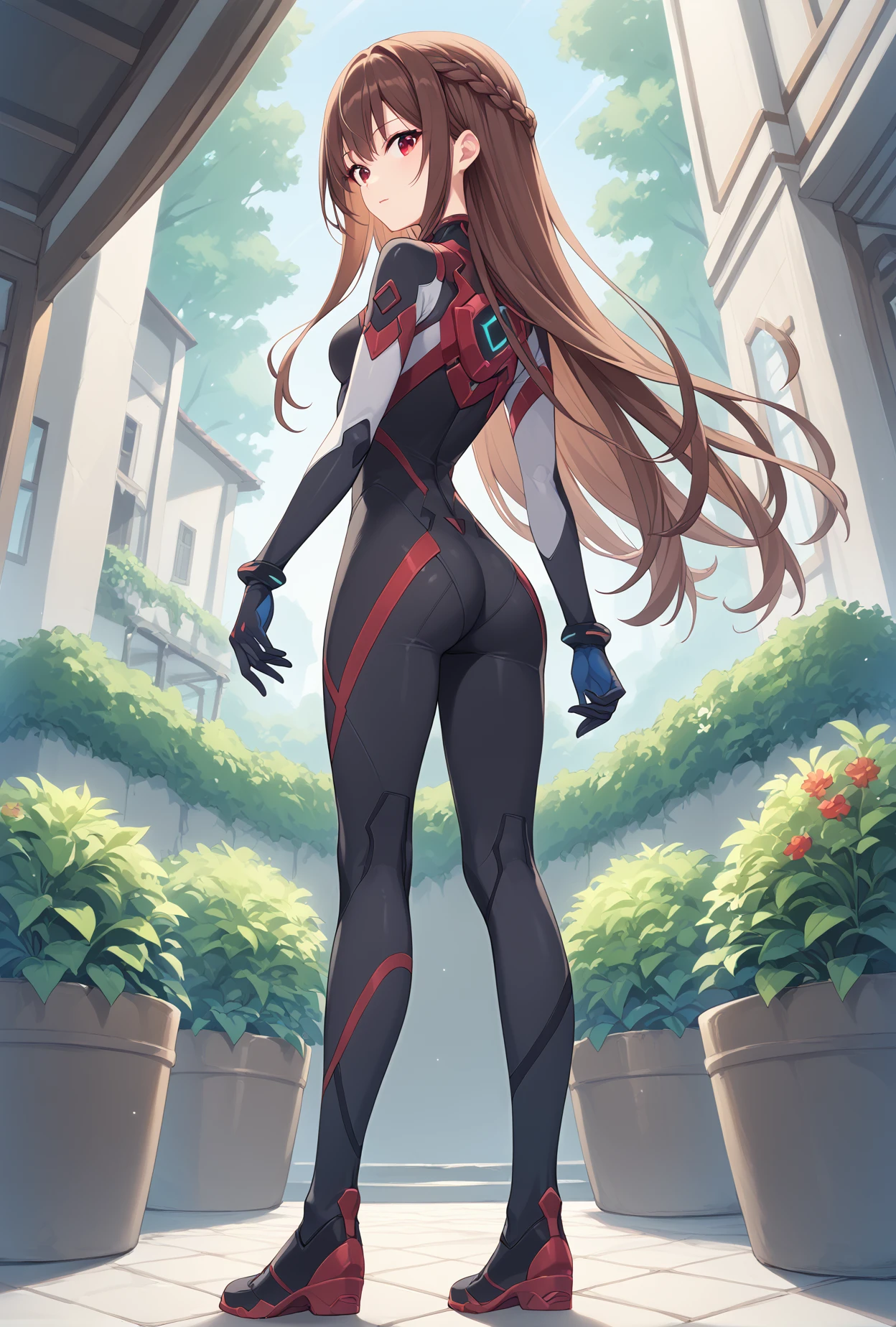 score_9, score_8_up, score_7_up, score_6_up, score_5_up, score_4_up,
ensemble style,izumi(ensemble),1girl,brown hair,red eyes, long hair, braid,
evasuit09,plugsuit, black bodysuit,
garden,standing,from behind,from below,full body, <lora:IzumiXLPony:1>,<lora:Evasuit09XLPony:1>