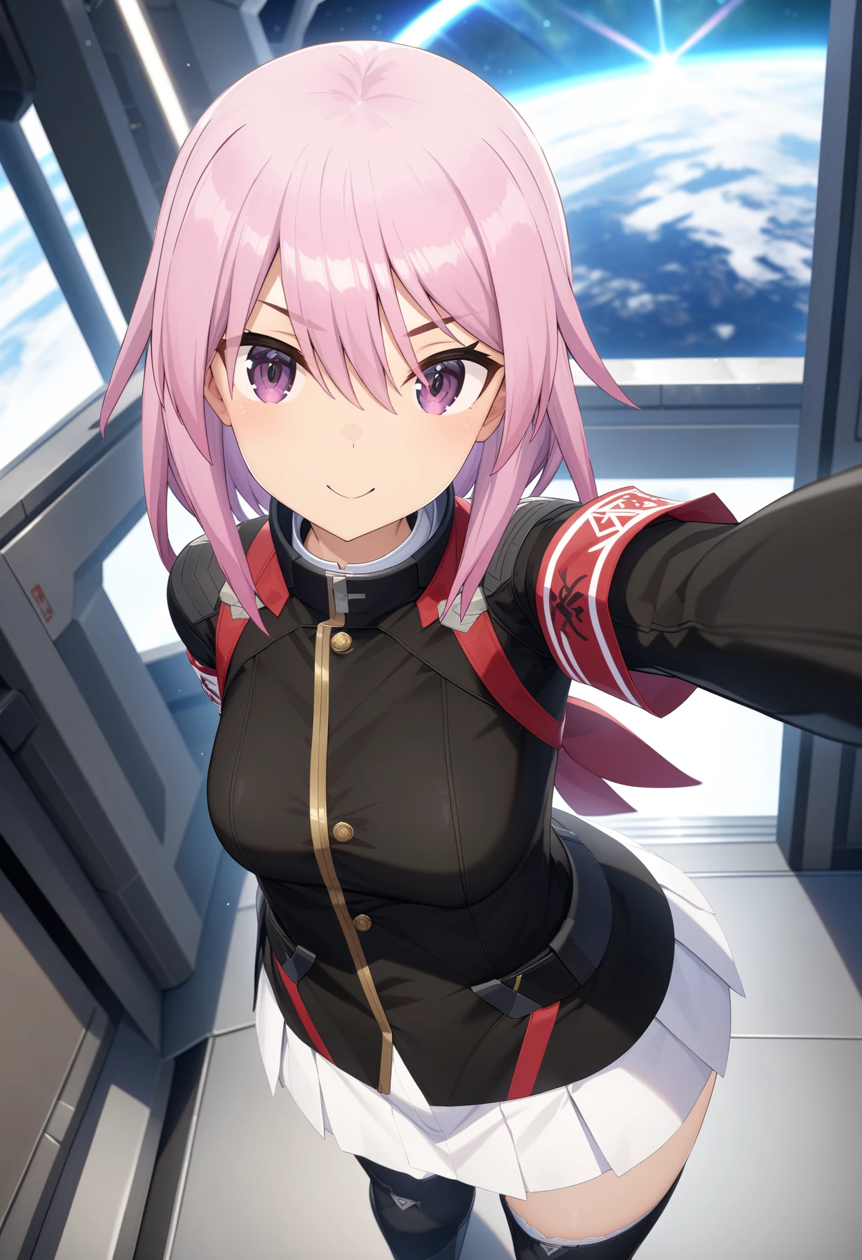 masterpiece,best quality,very aesthetic,absurdres,intricate details,rim light,1girl,
<lora:yotsuyu_v1.1:1>,yotsuyu,animacion_y,armband,black jacket,white miniskirt,white gloves,black thighhighs,black footwear,<lora:Fixhands_anime_bdsqlsz_V1:1>,
light_blush,smile,Space Station,starry_sky,looking_at_viewer,cowboy_shot,reaching,v,standing,from_above,front view,, masterpiece,best quality, very aesthetic, absurdres, ultra detailed, high resolution, 4k, extremely detailed CG,