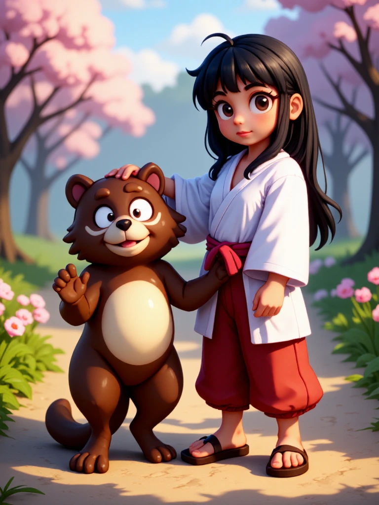 <lora:Pocky_and_Rocky_-_SNES_-_Characters:0.9>PockySNES_and_RockySNES, 1girl, 1raccoon_dog, black hair, brown fur, white robe, baggy red pants, sandals, feet, socks, Standing side by side in a peaceful, sunlit clearing, both looking directly at the viewer with warm, welcoming smiles. PockySNES holds her gohei at her side, her other hand gently resting on RockySNES's head as he grins playfully, one paw raised in a friendly wave. The background is filled with blooming flowers and softly swaying trees, capturing the serene and joyful bond between the two companions, Idyllic, highly detailed, volumetric, dramatic lighting, professional 3d model, cinematic lighting, fine character details, <lora:Flux 1D - Nectarine Nymphs V1 - Epoch 5:1.0> big eyes, 1girl, pinup, female focus, peaceful, happy, pleasant, harmonious, picturesque, charming,