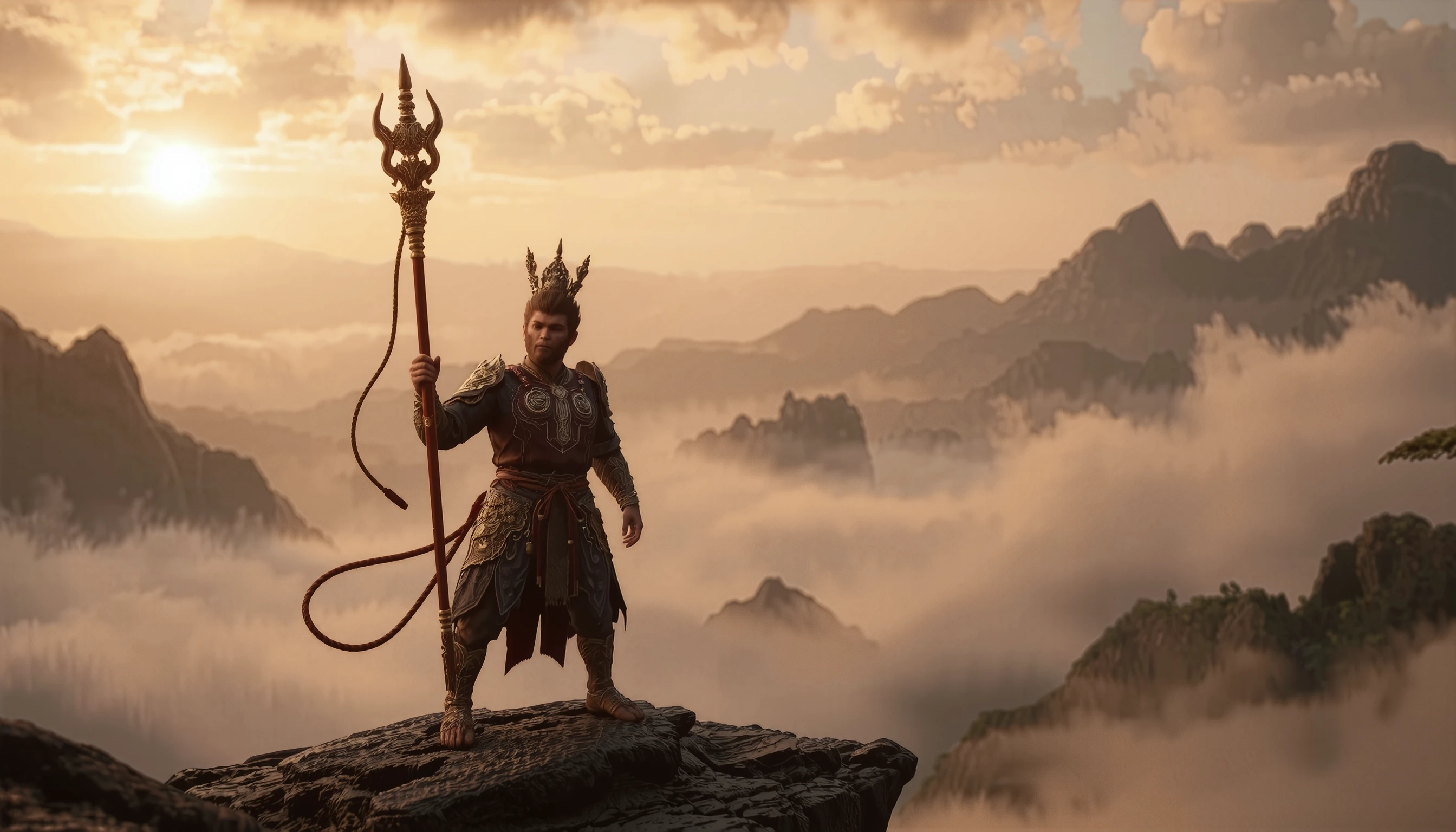 wukong ,A stunning, cinematic portrait of Wukong, the Monkey King, in a mystical Chinese landscape. Epic lighting, golden hour atmosphere, hyper-detailed, ultra-wide aspect ratio, volumetric fog, ray-tracing, 8K resolution. Wukong stands heroically, wielding his magical staff, surrounded by swirling clouds and floating mountains. Dramatic color palette with rich golds, deep reds, and ethereal blues. Photorealistic rendering with a touch of fantasy.