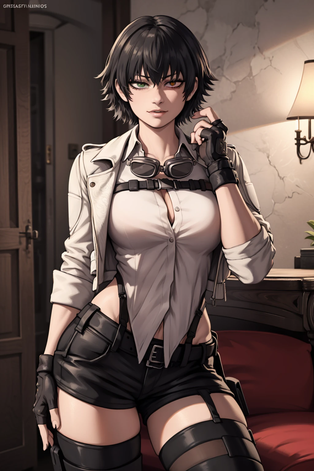 Best_QualityPos, RAW photo, intricate details, best quality, 8k uhd, soft lighting, 1girl, solo, dmc_lady, short hair, black hair, bangs, heterochromia, red eyes, green eyes, goggles, goggles around neck, white shirt, white jacket, long sleeves, sleeves rolled up, gloves, fingerless gloves, black shorts, belt, holster, thighhighs, thigh holster <lora:DMC_Lady:0.6>