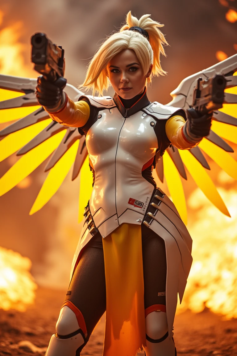 a person in a mercy outfit with two pistols in an epic block buster movie scene. She has white glossy armor reflecting the explosions. Dramatic lighting with explosions and smoke around her. Her large mechanical wings are glowing yellow in the dark. 