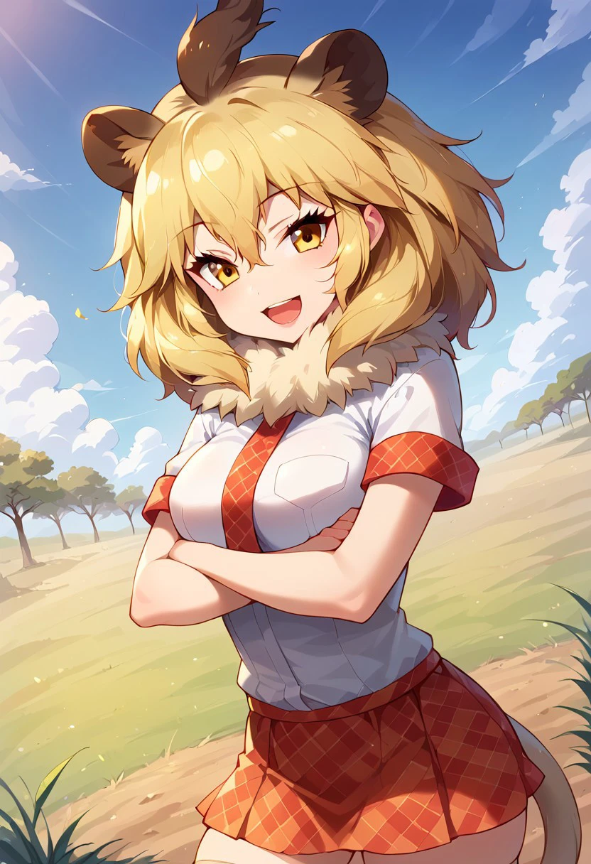 1girl, ((solo)), best quality, ultra-detailed, extremely detailed, perfect anatomy, masterpiece, score_9, score_8_up, score_7_up, Expressiveh, lion (kemono friends), blonde hair, animal ears, tail, yellow eyes, long hair, hair between eyes, white shirt, short sleeves, fur collar, red skirt, plaid skirt, red necktie, plaid necktie, thighhighs, breast pocket, white shoes, standing, open mouth smile, cute look, confident look, looking at viewer, happy, posing, arms folded, arms crossed, outdoors, African savanna background, plains, savanna plains, dutch angle, standing proud,