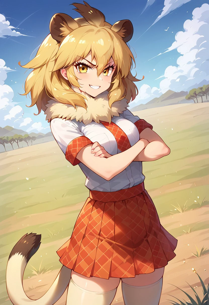 1girl, ((solo)), best quality, ultra-detailed, extremely detailed, perfect anatomy, masterpiece, score_9, score_8_up, score_7_up, Expressiveh, lion (kemono friends), blonde hair, animal ears, tail, yellow eyes, long hair, hair between eyes, white shirt, short sleeves, fur collar, red skirt, plaid skirt, red necktie, plaid necktie, thighhighs, breast pocket, white shoes, standing, confident smile, glaring, confident look, looking at viewer, happy, posing, arms folded, arms crossed, outdoors, African savanna background, plains, savanna plains, dutch angle, standing proud, dynamic pose, action pose, majestic,