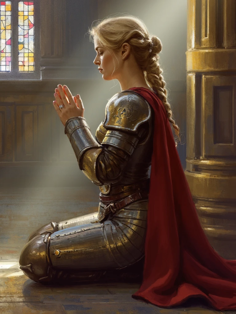 snmngsnr style painting, distant shot of paladin woman in ornate armor and red cape praying on her knees, closed eyes, ornate silver armor with big golden shoulder pads, blonde hair with longe single braid, beam of light falls on her body, light made caustic effects because of stained glass windows and dim glowing candles  <lora:SXZ_Sanmingsnari_Flux:1>