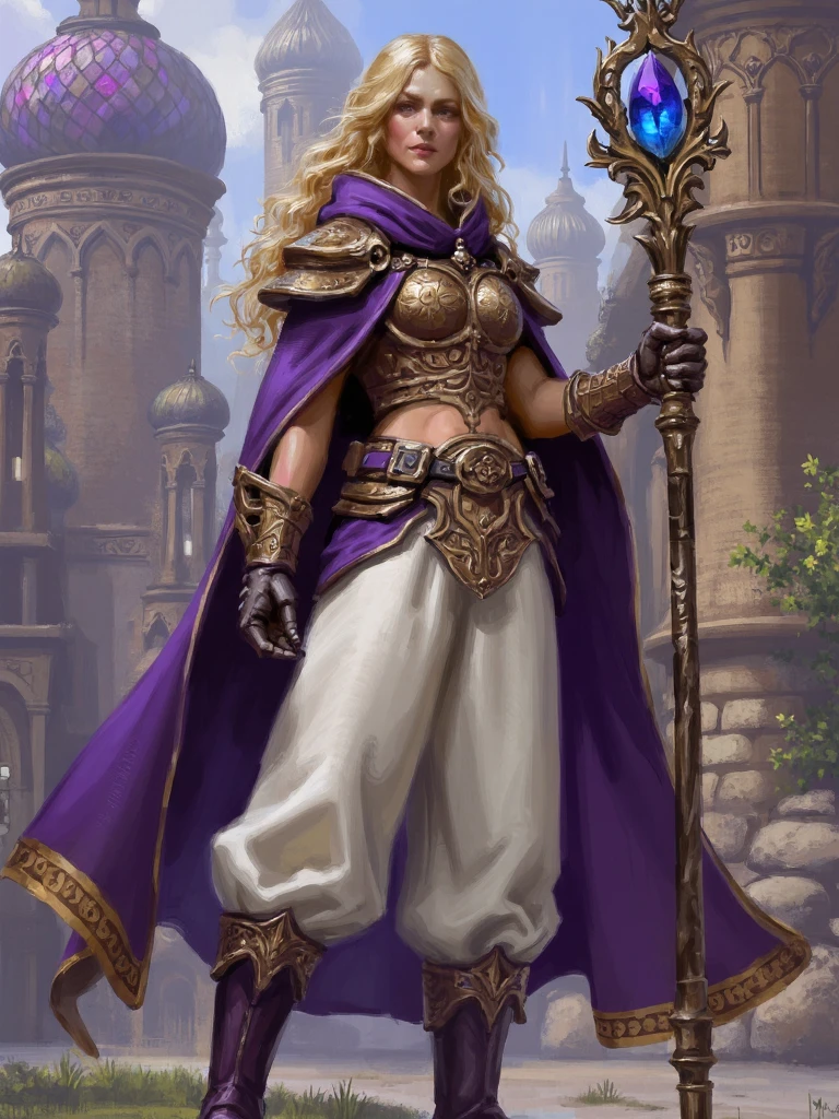 snmngsnr style painting, female sorceress wearing ornate cropped metal breastplate with purple hooded cloak with pauldrons, blonde hair with some streaks on shoulder, wide white pants with purple boots, golden edgs on whole outfit, she is holding ornate staff with blue crystal on top, ornate fantasy town with purple stained glass domes on top on background, <lora:SXZ_Sanmingsnari_Flux:1>