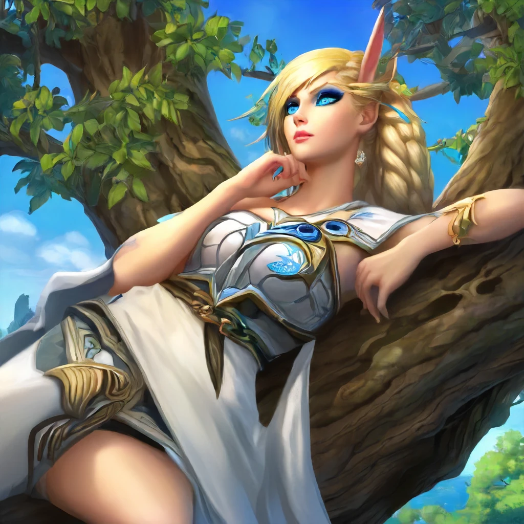 1girl, Alleria  <lora:Alleria SDXL:.7>, reclining on tree, blonde hair, blue eye mark, best quality,