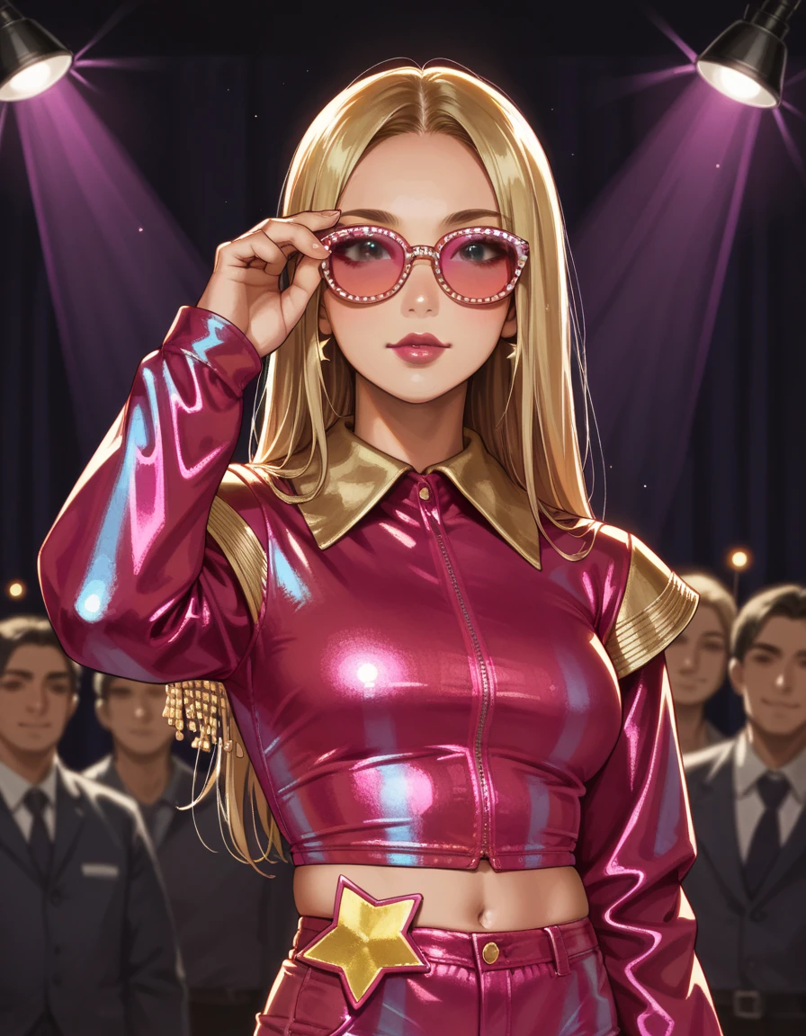 score_9, score_8_up, score_7_up, score_6_up, score_5_up, score_4_up, 1girl, makeup, lipstick, large breasts, long blonde hair, hud_z1ggysd, pink sunglasses, iridescent, crop top, fringe, long sleeves, midriff, shorts, star (symbol), upper body, <lora:ziggy_stardust:0.8>, stage lights, adjusting eyewear,