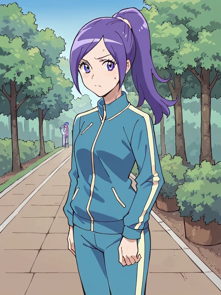 score_9, score_8_up, score_7_up, 
1girl, aono miki, purple hair, purple eyes, ponytail,

looking at viewer, frown, sweat,

standing, outdoors, park, blue track jacket, track pants,