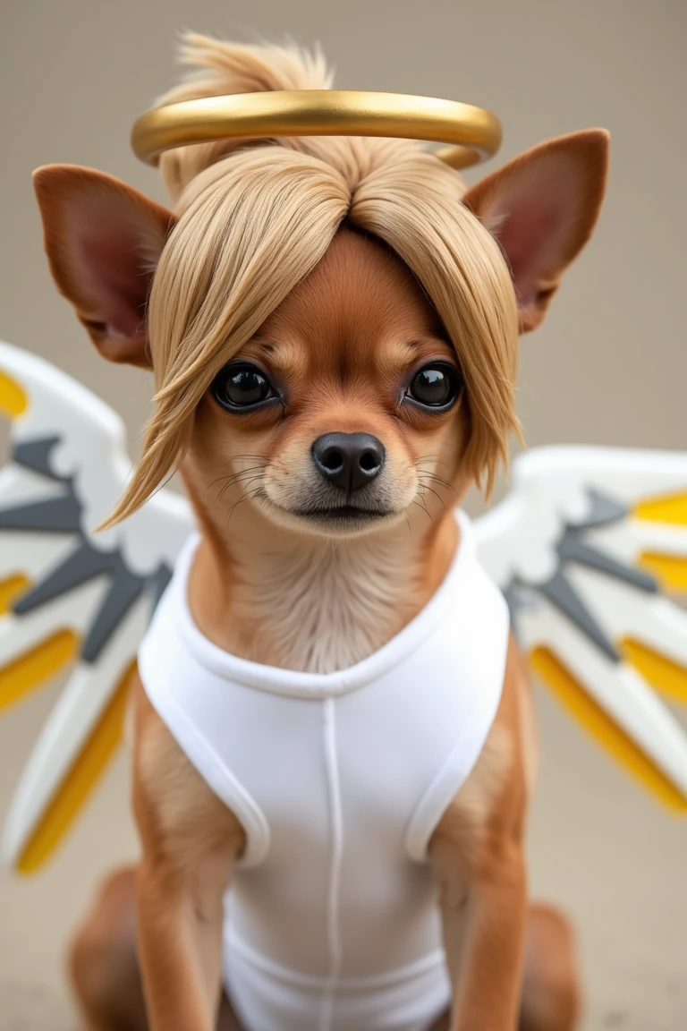 photo of a cute brown chihuahua dog with a an iconic hair wig, a golden halo and mechanical white wings with yellow blades, white bodysuit