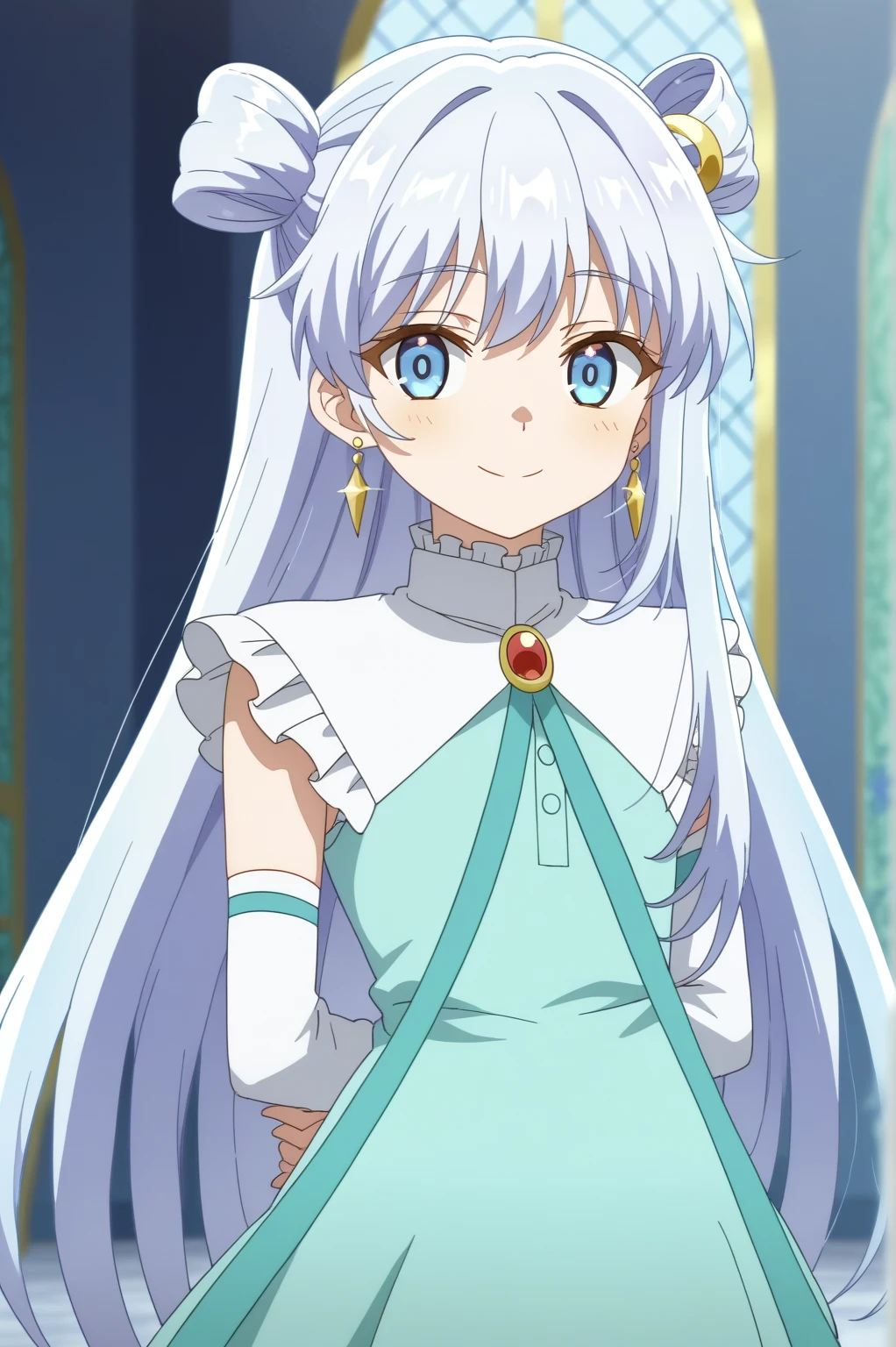 dia viekone,anime screencap,1girl,solo,long hair,earrings,jewelry,dress,looking at viewer,bangs,double bun,indoors,castle,smile,hands behind the back <lora:Dia_Viekone - PDXL2.safetensors:0.8>