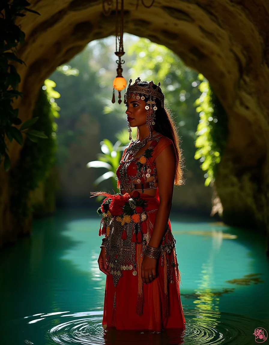 a woman in traditional outfit, Horsfield's Bushlark, inside a Cenote, side lit, L USM, Concept Art World, female, classic, <lora:Tasfift_Flux.safetensors:1> adrr-tsfft, flowing, cinematic, lush, illustrious, located artistic, warm light, dynamic, surreal