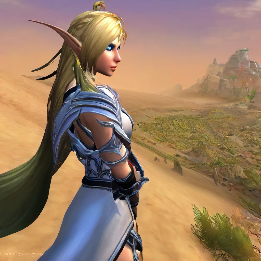 1girl, Alleria  <lora:Alleria SDXL:.7>, in the desert, blonde hair