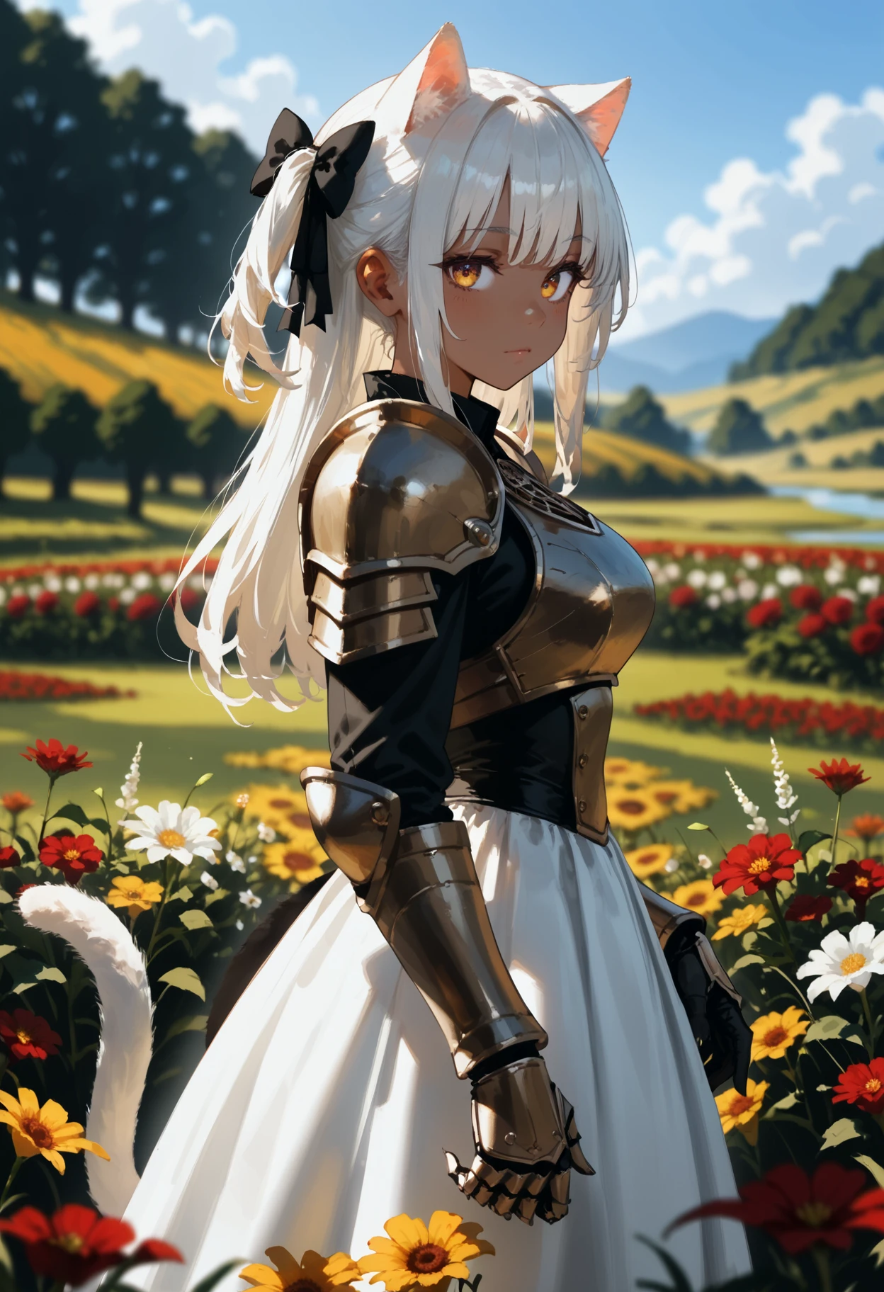 score_9, score_8_up, score_7_up,score_6_up, score_5_up, score_4_up, 1girl, solo, long hair, breasts, looking at viewer, bangs, dress, bow, animal ears, closed mouth, standing, tail, flower, white hair, hair bow, outdoors, sky, day, cat ears, dark skin, white dress, armor, blurry, from side, dark-skinned female, cat tail, black bow, depth of field, blurry background, shoulder armor, gauntlets, field, flower field Depth of field