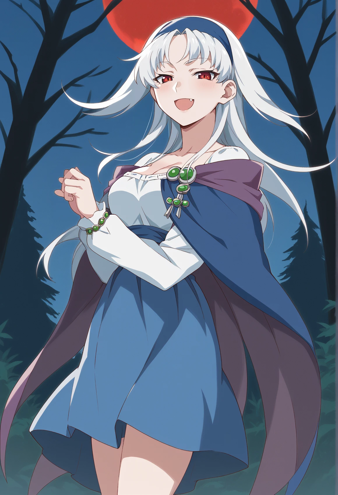 1girl, medium hair, white hair, from side, wind, night, red moon, win, absurdely long hair, red eyes, hairband, jewelry, white blouse, cape, skirt, blue skirt, age age regression, outdoors, forest, evil smile, fang, mesugaki, half-closed eyes, looking at viewer, agre progression,  big breasts, cleavage, thighs, age age progression, <lora:Sierra_Mikain_V3:1><lora:watanabe:1>, score_9, score_8_up, score_7_up, score_6_up, score_5_up, score_4_up, BREAK source_anime, masterpiece