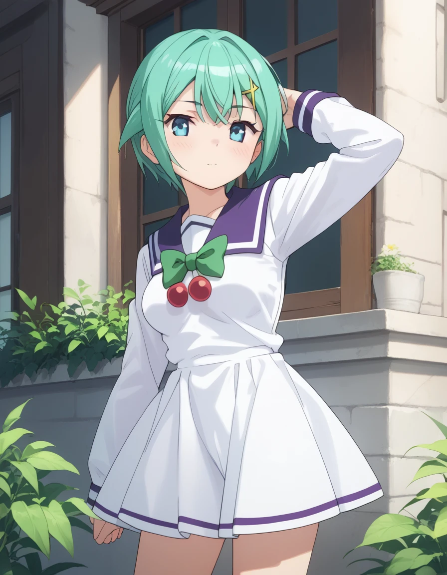 nine_violet, short hair, blue eyes, green hair, aqua eyes, medium breasts, aqua hair, hair ornament
school uniform, white dress, green bow, serafuku, ribbon, 
<lora:nine_violet_pony_v1:1>, 
standing, dybamic pose
closed mouth, blush,expressionless
looking at viewer,(cowboy shot,:1.3),
outdoors,, score_9, score_8_up, score_7_up, BREAK source_anime, best quality, masterpiece,very aesthetic, zPDXL2,official art,detailed_eyes,1girl, solo,