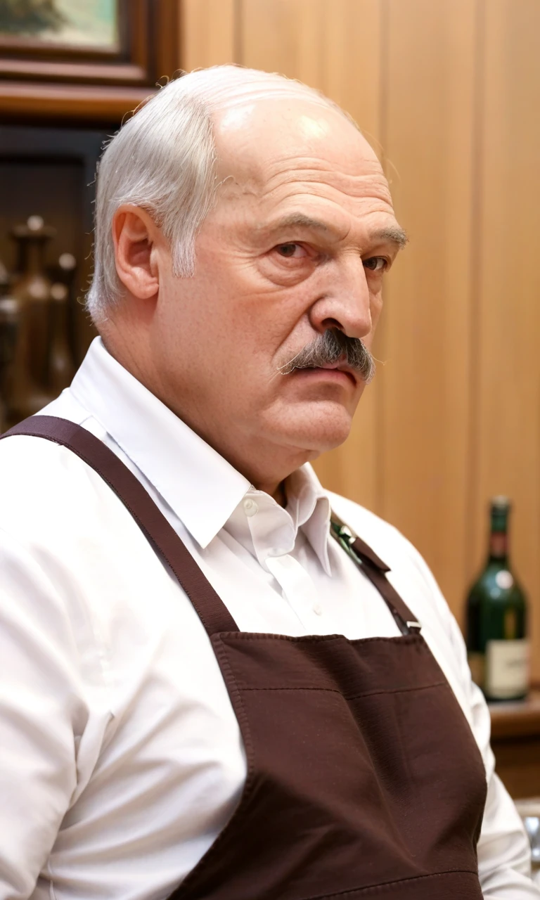 from front,upper body,looking_at_viewer,solo,(detailed face),solo,score_9, score_8_up, score_7_up, 1boy,lukashenko,grey-hair,moustache,solo,old,old man,aged_up,w,brown apron,white shirt,indoor,on bar