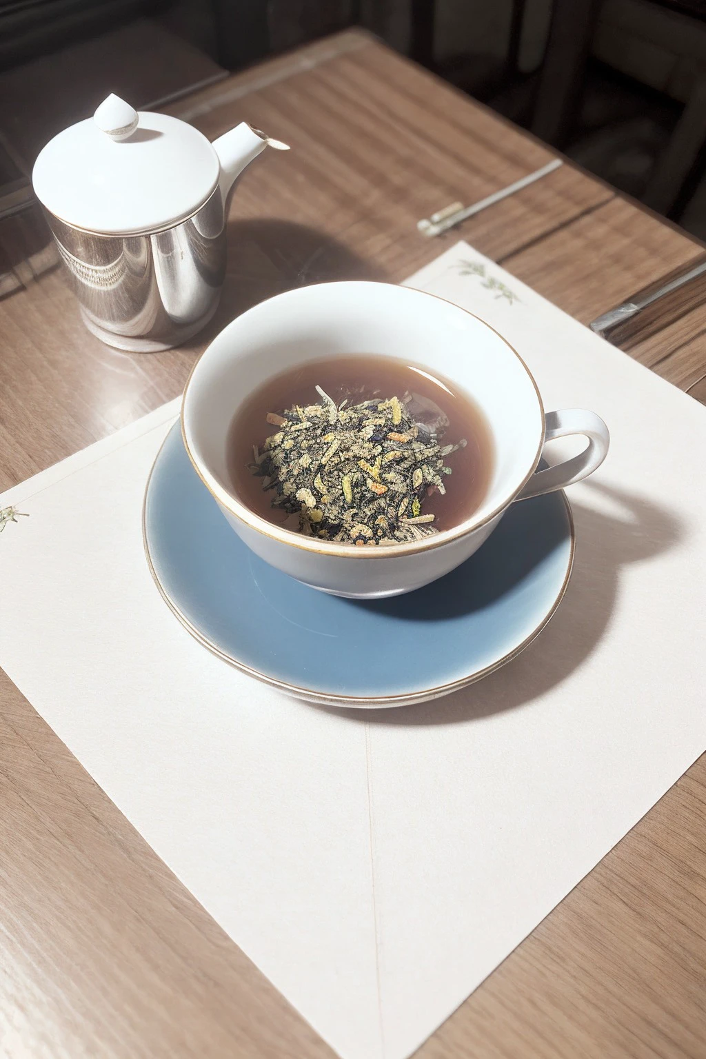 a signitine:3 cup of silverine:2 tea on angonile:3 table, isometric view, brightly lit scene <lora:xaendraqee-FX:1> xaendraqee