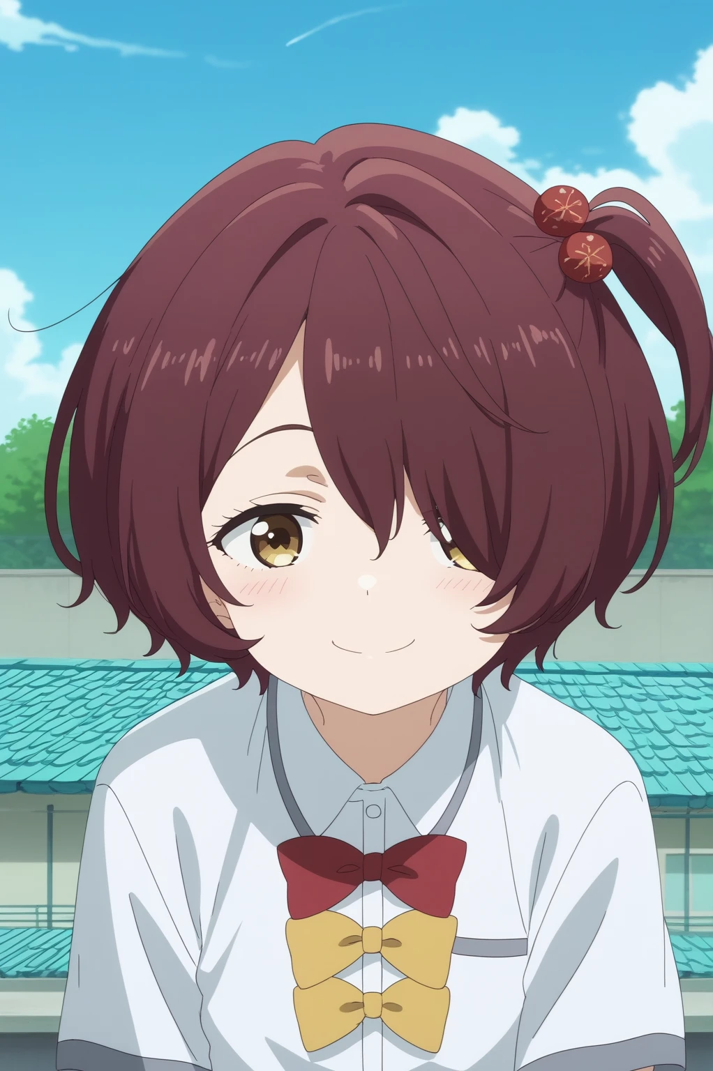 chika komari,anime screencap,1girl,solo,shirt,red bow,bow,brown hair,hair ornament,white shirt,short hair,hair over one eye,school roof,outdoors,sky, looking at viewer,smile <lora:Chika_Komari - PDXL2.safetensors:0.8>