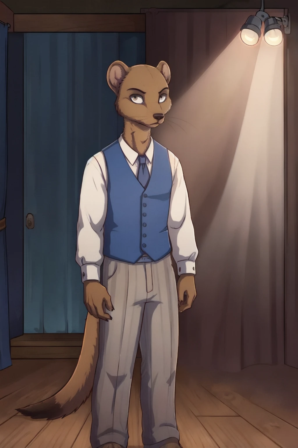 <lora:KaiBS:0.7>, KaiBS, mongoose, anthro, looking at viewer:1.2, slim, skinny, full body, tail, posing, inside, drama room, wooden floor, stage light, boxes, tall, blue vest, white shirt, tie